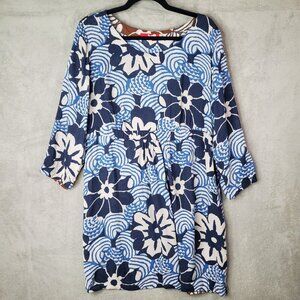 Boden Women's 14 3/4 Sleeve Blue Floral Print Tunic Dress Elastic Waist Mini Sho